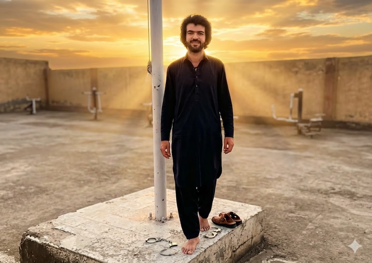 Khodanur Lojei standing free next to the same pole, handcuffs broken at his feet, smiling into the sunset.